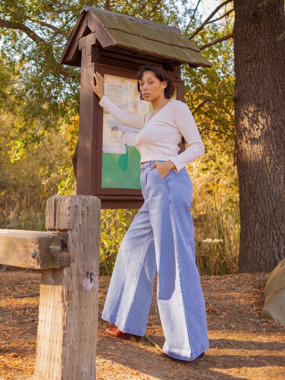 BIG BUD PRESS - Denim Wide Leg Trousers in Light Wash in 1XL